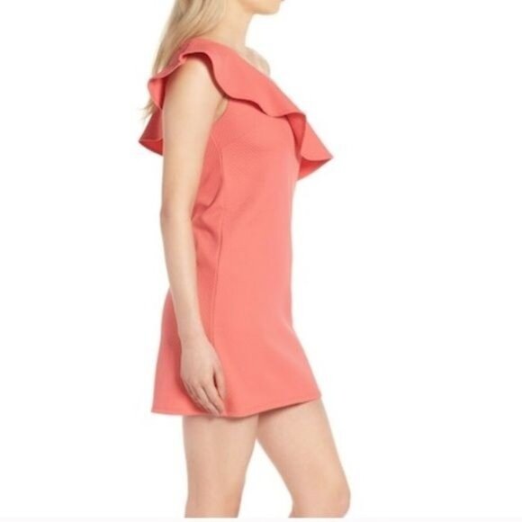 Cupcakes & Cashmere Women's Size S One Shoulder Ruffle Sheath Mini Dress Coral - Picture 3 of 10